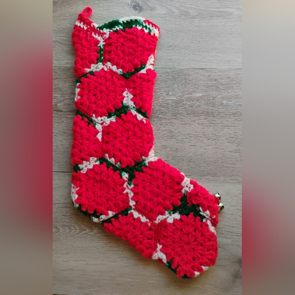 Vintage Crocheted Christmas Stocking Red Green White Bells